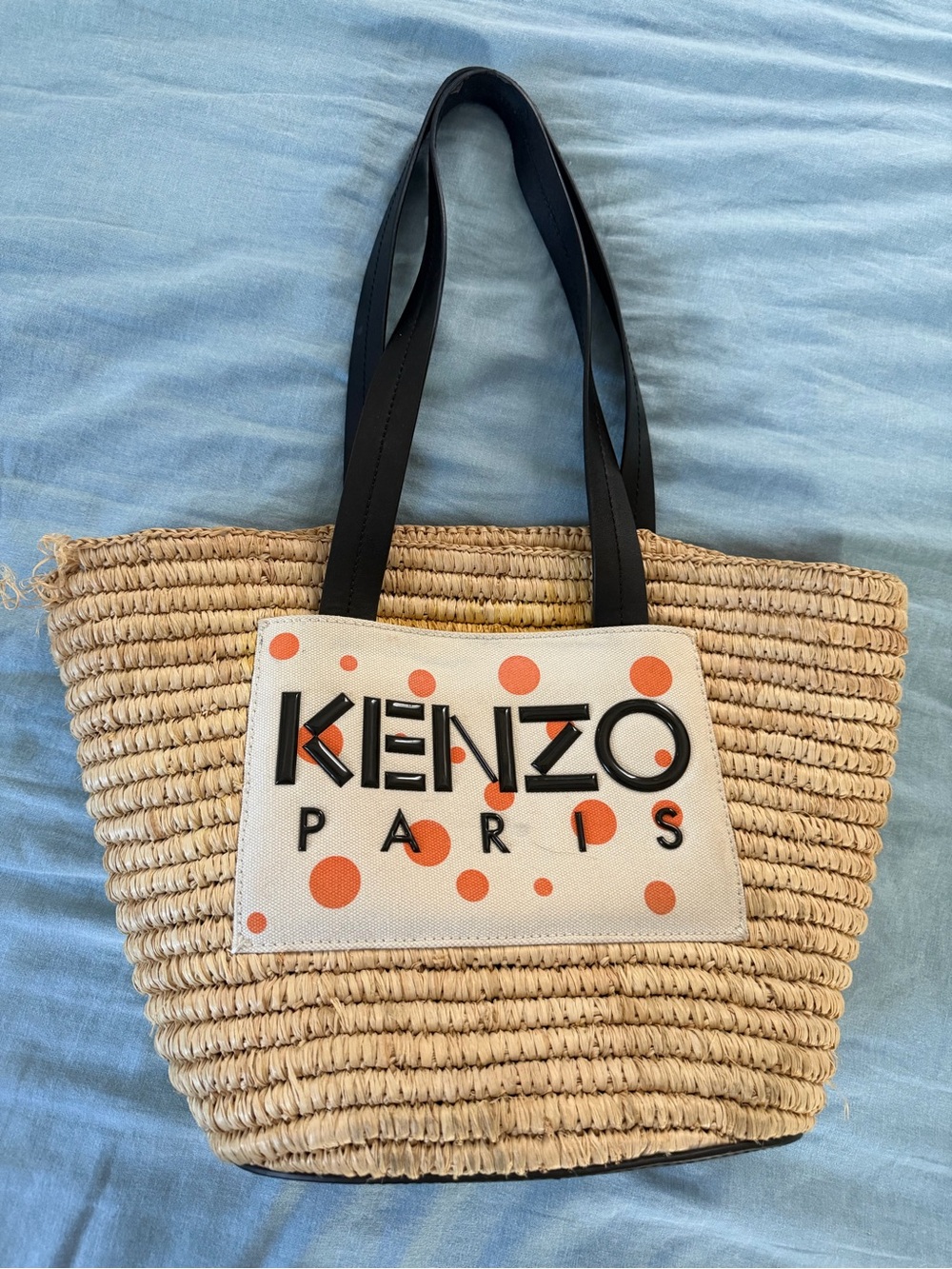 Kenzo Natural Straw Tote with Orange Polka-Dot Logo Patch